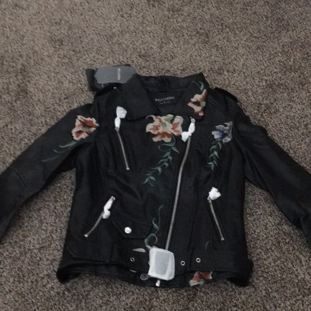 Faux Leather Embroidered Biker Jacket